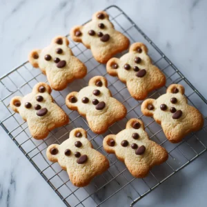 Chocolate Chip Bear Cookies: How to Bake the Adorable Golden-Brown Classics 3 Overhead handheld photo of Chocolate Chip Bear Cookies arranged neatly on a wire cooling rack on a marble surface.