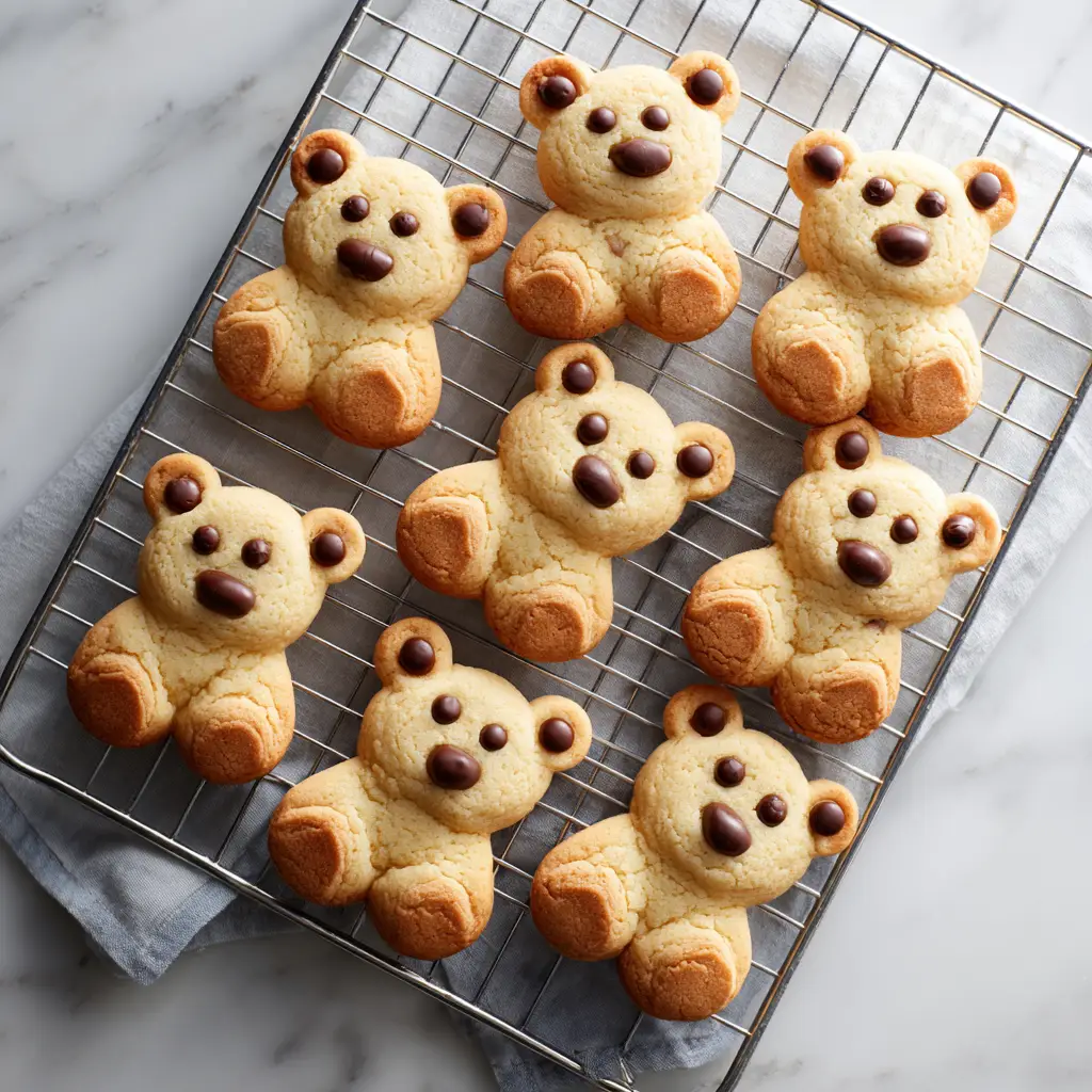 Chocolate Chip Bear Cookies: How to Bake the Adorable Golden-Brown Classics 1 Close up of bear-shaped cookies featuring milk chocolate chips on the body and dark chocolate chips for eyes and ears. (Chocolate Chip Bear Cookies)