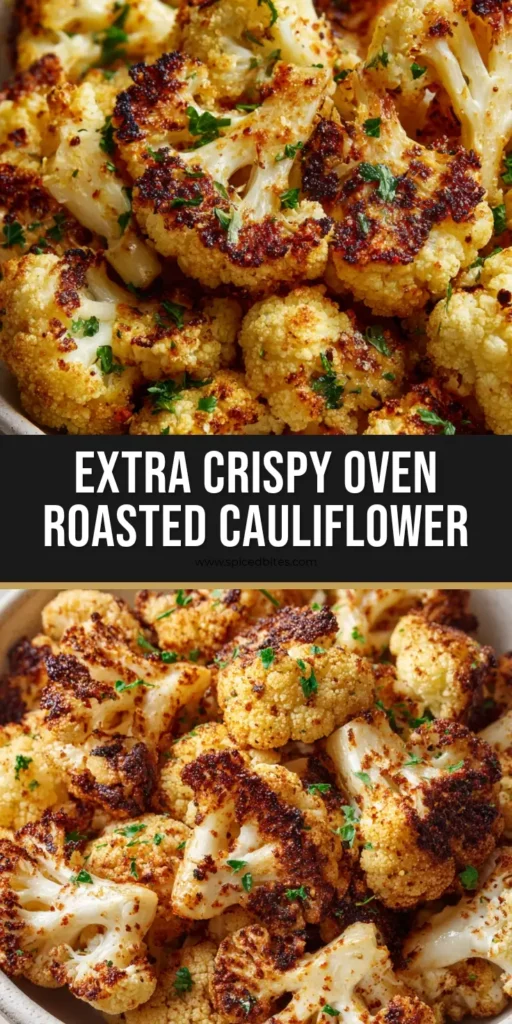 A rustic white bowl filled with Crispy Roasted Cauliflower featuring dark golden charred edges and a reddish spice rub garnish with green parsley.