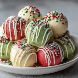 Macro shot of spherical No-Bake Christmas Cheesecake balls in matte red and green shells with white chocolate drizzles.