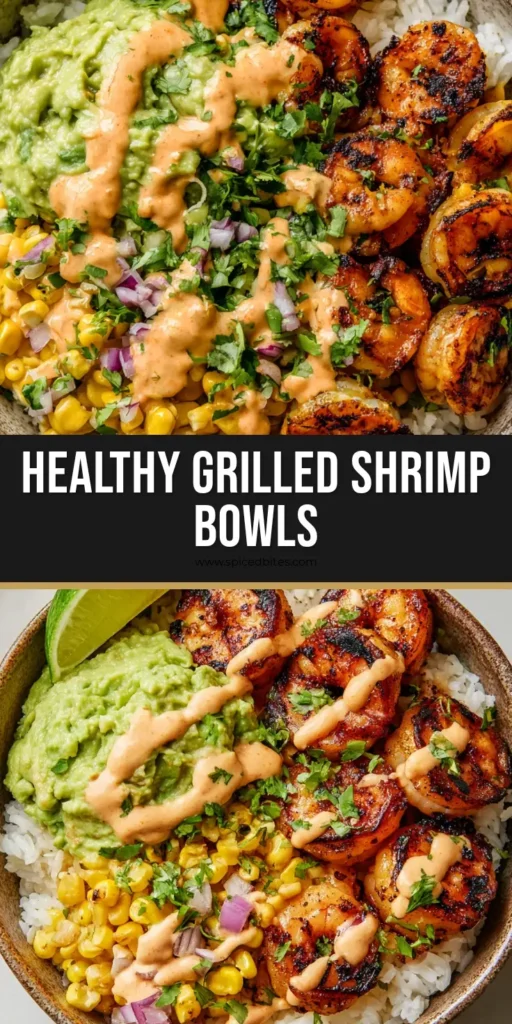 Grilled Shrimp Bowl with Creamy Spicy-Lime Dressing and Charred Corn Salsa 4 A rustic ceramic bowl filled with a Grilled Shrimp Bowl, featuring charred shrimp with grill marks, fluffy rice, mashed avocado, and corn salsa with a spicy-lime drizzle.