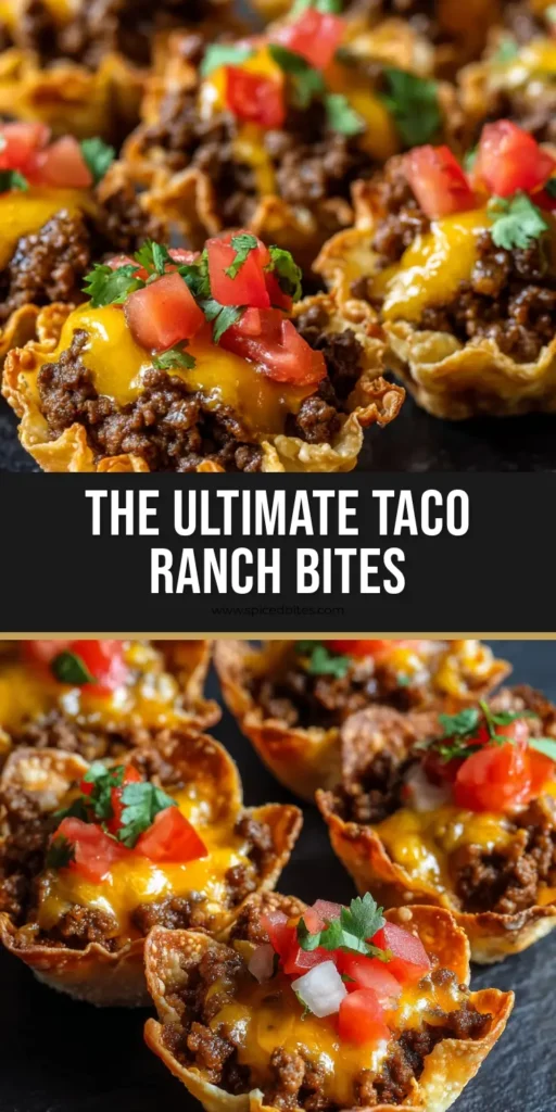Taco Ranch Bites: The Ultimate Crispy Wonton Appetizer for Game Day 4 A close-up of crispy fluted Taco Ranch Bites on a slate board, topped with melted cheddar, tomatoes, and cilantro.