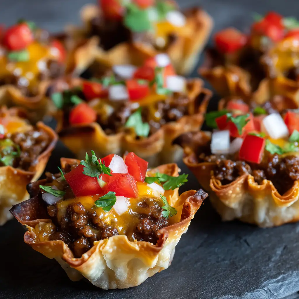 Taco Ranch Bites: The Ultimate Crispy Wonton Appetizer for Game Day 1 Close-up of a single Taco Ranch Bite highlighting the diced red tomatoes and fresh cilantro garnish.