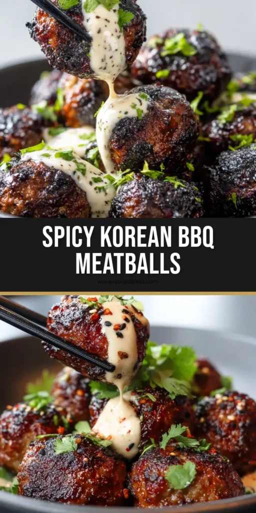 Korean BBQ Meatballs with Sticky Mahogany Glaze and Spicy Mayo 4 A stack of glazed Korean BBQ meatballs in a black bowl with a spicy mayo drizzle and fresh cilantro garnish.