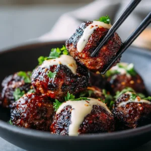 Korean BBQ Meatballs with Sticky Mahogany Glaze and Spicy Mayo 3 Close-up of Korean BBQ Meatballs being lifted with black chopsticks, showing the sticky mahogany glaze and spicy mayo drizzle.