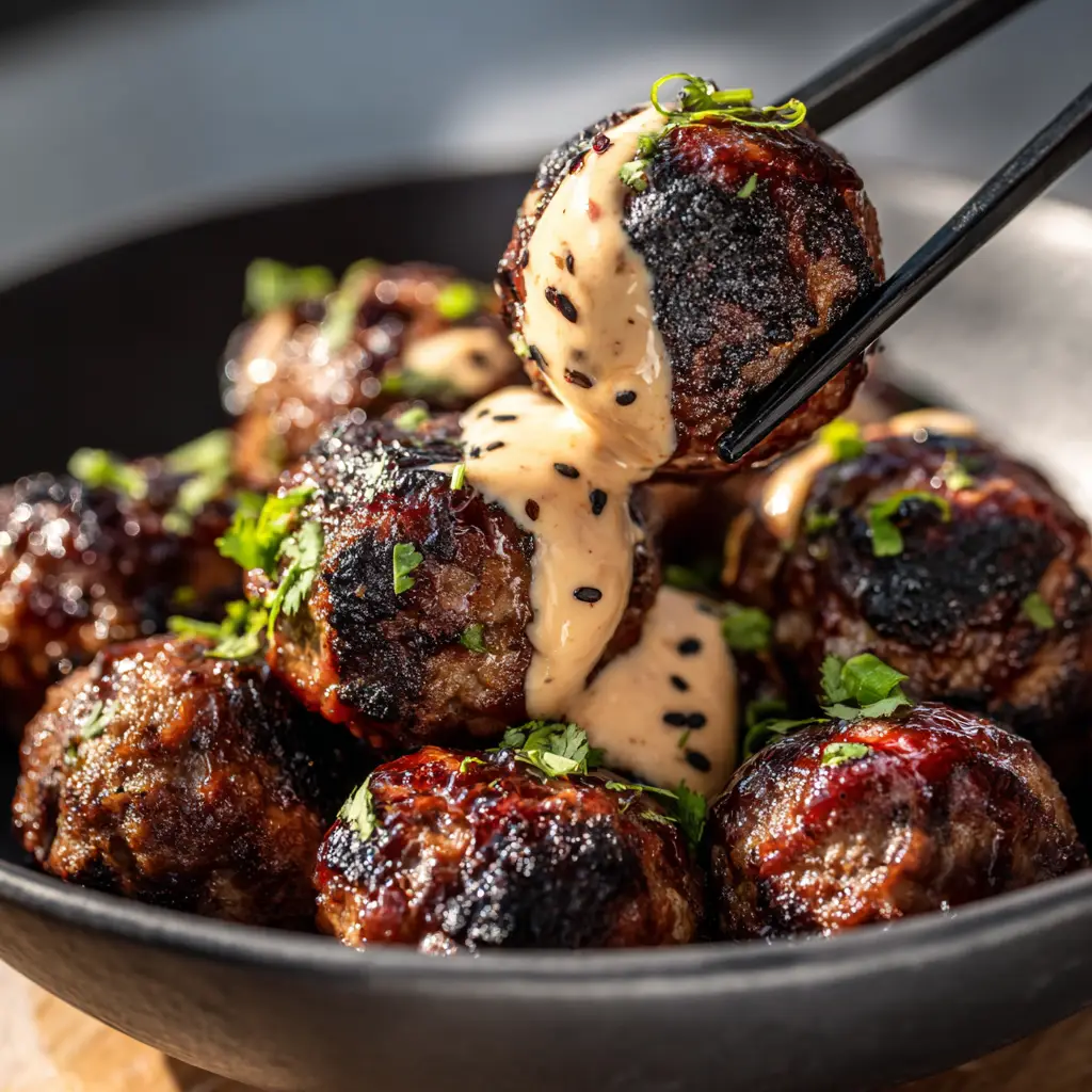 Korean BBQ Meatballs with Sticky Mahogany Glaze and Spicy Mayo 1 A matte black bowl filled with round Korean BBQ meatballs coated in a dark glaze and garnished with spicy mayo and cilantro.