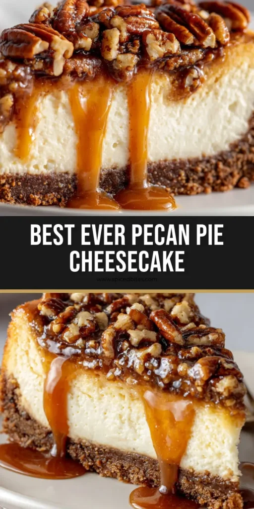 A tall slice of Pecan Pie Cheesecake featuring a dark graham cracker crust, off-white filling, and glossy amber caramel with whole pecans.