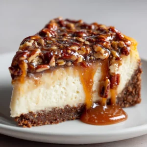 A handheld smartphone photo of a single slice of Pecan Pie Cheesecake on a white plate with caramel sauce dripping down.