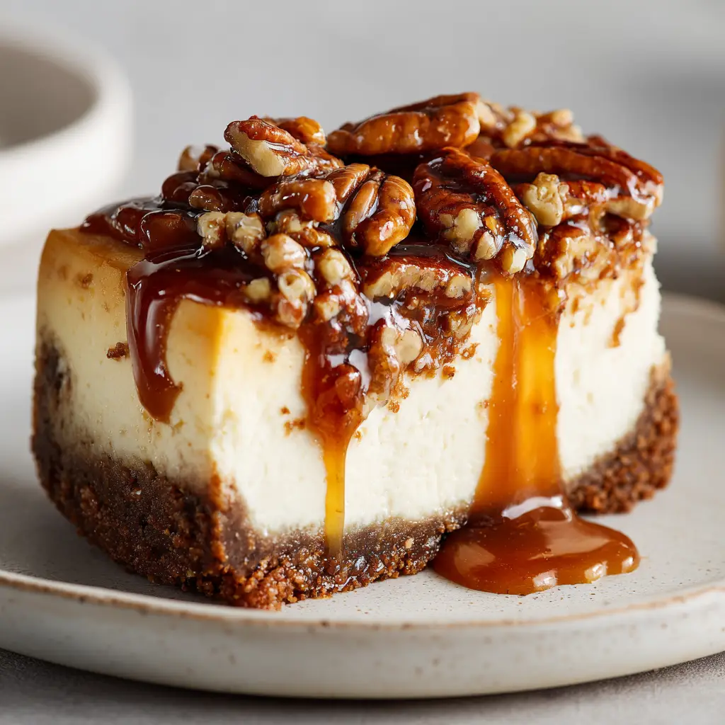 Side view of a Pecan Pie Cheesecake slice showing the thick dark graham cracker crust and smooth filling.