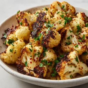 Close-up of oven-roasted cauliflower florets with visible reddish spices and black pepper specks in a white ceramic bowl. (Crispy Roasted Cauliflower)