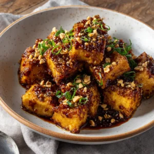 Honey Garlic Air Fryer Tofu: The Ultimate Crispy Vegetarian Comfort Food 3 Close up of crispy golden-brown cubes of Honey Garlic Air Fryer Tofu glistening with a dark, thick sauce.