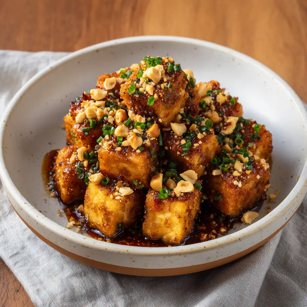 Honey Garlic Air Fryer Tofu: The Ultimate Crispy Vegetarian Comfort Food 1 A handheld smartphone photo of a bowl of Honey Garlic Air Fryer Tofu on a wooden surface with chives and peanuts.