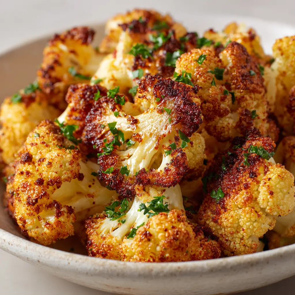 A wide shot of reddish-spice coated roasted cauliflower florets with vibrant green parsley flakes. (Crispy Roasted Cauliflower)