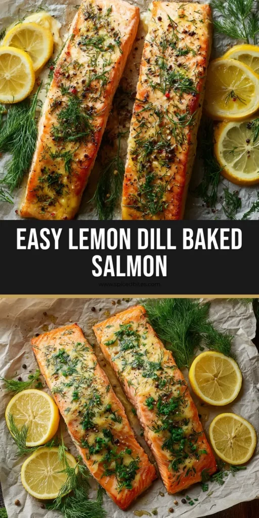 Lemon Dill Baked Salmon: The Ultimate 20-Minute Healthy Dinner 4 Two rectangular Lemon Dill Baked Salmon fillets on crumpled parchment paper with lemon slices and fresh dill sprigs on a rustic wood background.