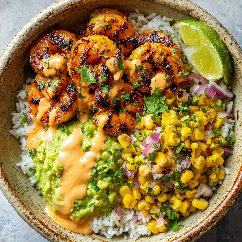 Grilled Shrimp Bowl with Creamy Spicy-Lime Dressing and Charred Corn Salsa 1 A fresh Grilled Shrimp Bowl showing the contrast between the creamy avocado mound and the chunky roasted corn salsa.