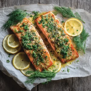 Lemon Dill Baked Salmon: The Ultimate 20-Minute Healthy Dinner 3 Close up of Lemon Dill Baked Salmon fillets showing the glistening pink surface and chopped dill scatter.