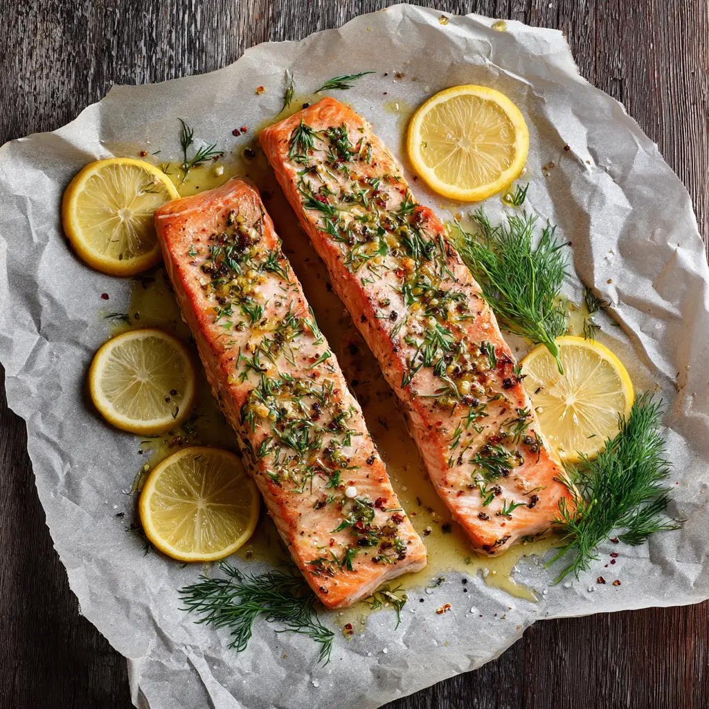 Lemon Dill Baked Salmon: The Ultimate 20-Minute Healthy Dinner 1 Wide shot of the Lemon Dill Baked Salmon on a dark rustic wooden surface with lemon slices.