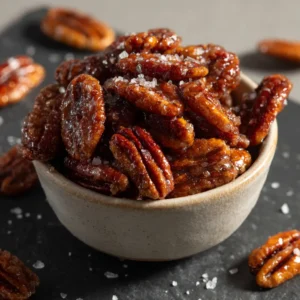 Praline Crunch: The Secret to Perfectly Salted Caramelized Pecans 3 Overhead view of Praline Crunch candied pecans in an off-white ceramic bowl on a dark slate surface.