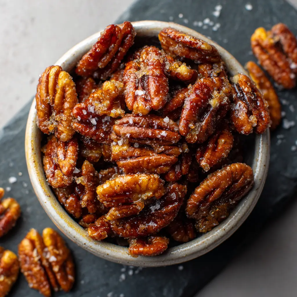 Praline Crunch: The Secret to Perfectly Salted Caramelized Pecans 1 Close-up of toasted pecan halves with a hard, crunchy sugar coating and salt flakes for a Praline Crunch.