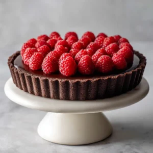 A close-up shot of the Chocolate Raspberry Tart showing the perfectly crimped fluted chocolate crust.