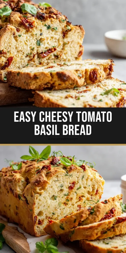 Savory Tomato Basil Bread: The Ultimate Artisan Loaf with a Golden Craggy Crust 4 A sliced loaf of Savory Tomato Basil Bread showing a soft airy crumb and sun-dried tomatoes on a marble surface.