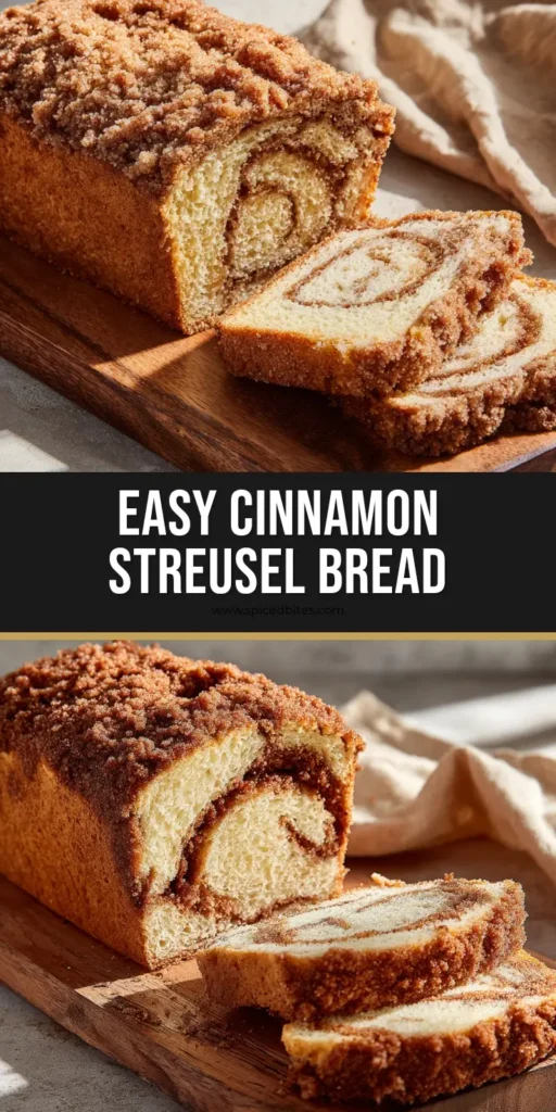 Cinnamon Streusel Bread with a Thick Crumble Topping 4 A freshly baked loaf of Cinnamon Streusel Bread on a wooden board with a thick, crumbly cinnamon topping and visible swirl.