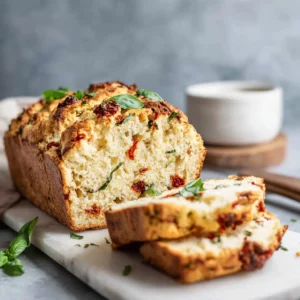 A whole and sliced loaf of Savory Tomato Basil Bread with a craggy golden crust and fresh basil garnish.