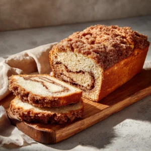 Cinnamon Streusel Bread with a Thick Crumble Topping 3 Close up of Cinnamon Streusel Bread showing the fluffy interior crumb and the medium-brown cinnamon swirl.