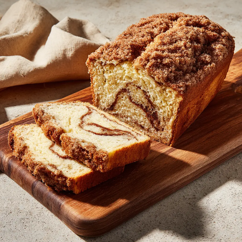 Cinnamon Streusel Bread with a Thick Crumble Topping 1 Slices of Cinnamon Streusel Bread with a thick lumpy topping and golden-brown crust on a rustic board.