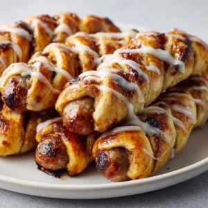 Cinnamon Roll Pigs in a Blanket: The Ultimate Sweet and Savory Breakfast 3 Close-up of baked breakfast sausage links wrapped spirally in cinnamon roll dough, showing the charred ends. (Cinnamon Roll Pigs in a Blanket)