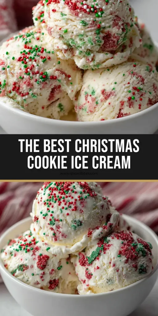 Christmas Cookie Ice Cream: The Ultimate Creamy Holiday Dessert Recipe 4 A close-up shot of three scoops of Christmas Cookie Ice Cream in a white bowl with red and green sprinkles and cookie pieces.