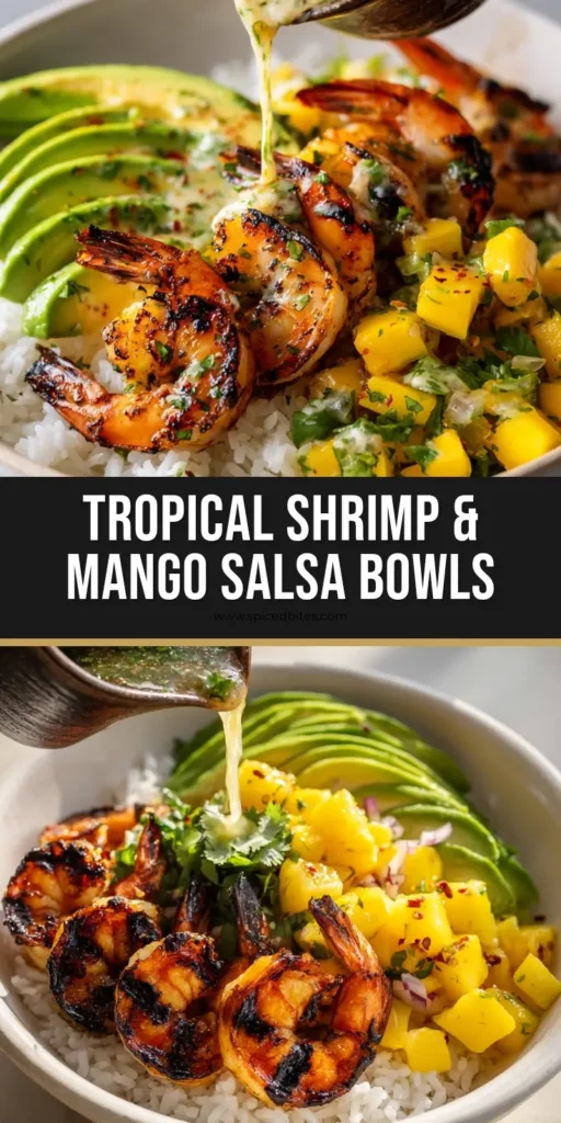 Shrimp and Avocado Bowls with Mango Salsa and Creamy Lime-Chili Sauce 4 A shallow white bowl filled with white rice, charred grilled shrimp, fanned avocado, and mango salsa with a creamy sauce pour. (Shrimp and Avocado Bowls)