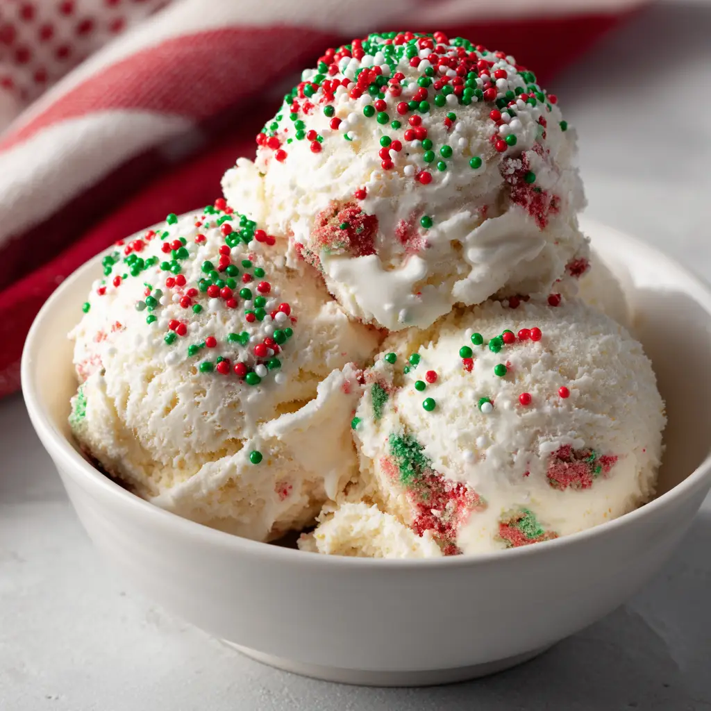 Christmas Cookie Ice Cream: The Ultimate Creamy Holiday Dessert Recipe 1 Top-down view of Christmas Cookie Ice Cream heavily dusted with red and green round sprinkles.