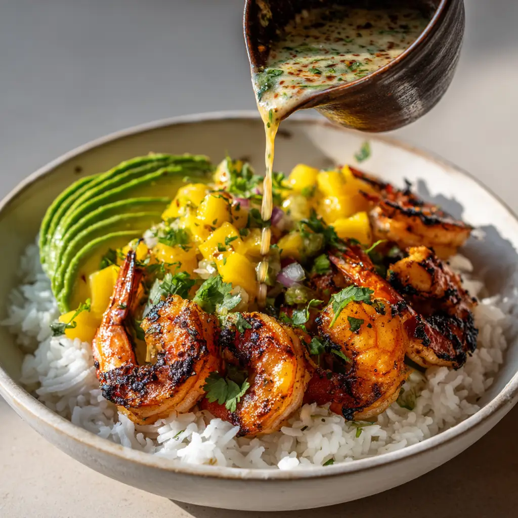 Shrimp and Avocado Bowls with Mango Salsa and Creamy Lime-Chili Sauce 1 A creamy beige lime-chili sauce being poured onto a bowl of shrimp, rice, and mango. (Shrimp and Avocado Bowls)