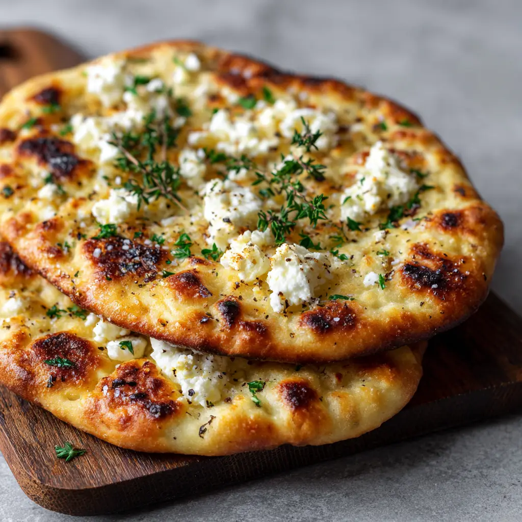 Cottage Cheese Flatbread: The Ultimate High-Protein Rustic Recipe 1 Two oval-shaped Cottage Cheese Flatbreads garnished with parsley and thyme on a wood board.