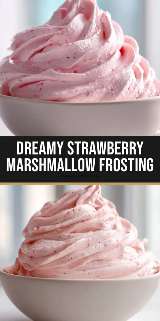 Strawberry Marshmallow Frosting: The Ultimate Fluffy Pink Dream Recipe 4 A tall swirl of thick and fluffy Strawberry Marshmallow Frosting in a bowl with visible strawberry puree specks.