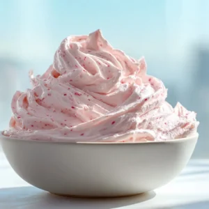 Strawberry Marshmallow Frosting: The Ultimate Fluffy Pink Dream Recipe 3 Close-up eye-level shot of thick pastel pink Strawberry Marshmallow Frosting in a white bowl with soft peaks.