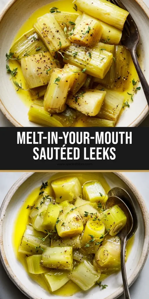Sautéed Leeks with Melted Butter and Fresh Thyme 4 A top-down view of tender Sautéed Leeks in a white bowl, glistening with yellow butter sauce and topped with fresh thyme.