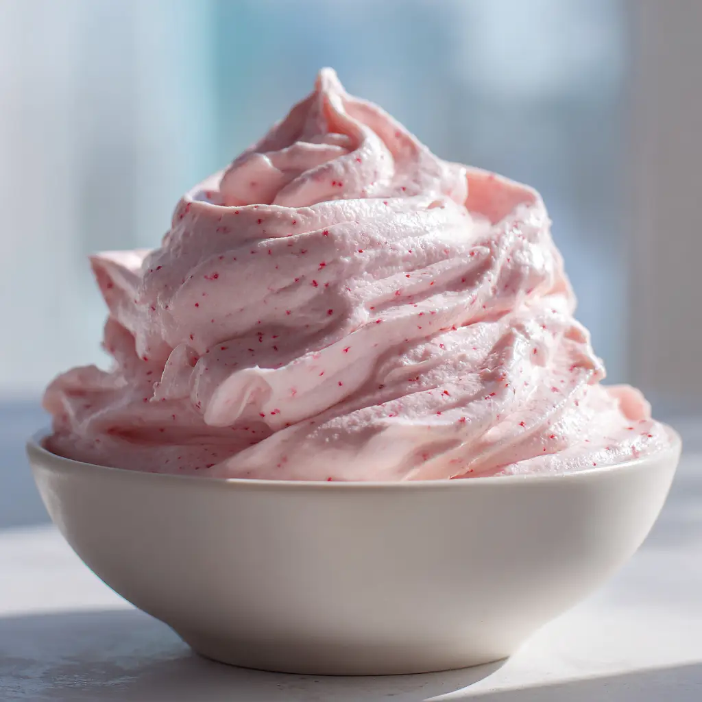 Strawberry Marshmallow Frosting: The Ultimate Fluffy Pink Dream Recipe 1 Deep, elegant swirls of Strawberry Marshmallow Frosting catching natural daylight in a matte bowl.