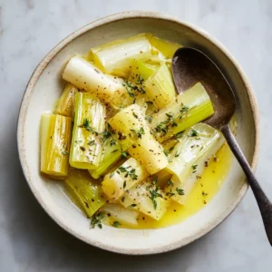 Sautéed Leeks with Melted Butter and Fresh Thyme 3 Close-up overhead shot of braised Sautéed Leeks in a rustic bowl with a dark fork.