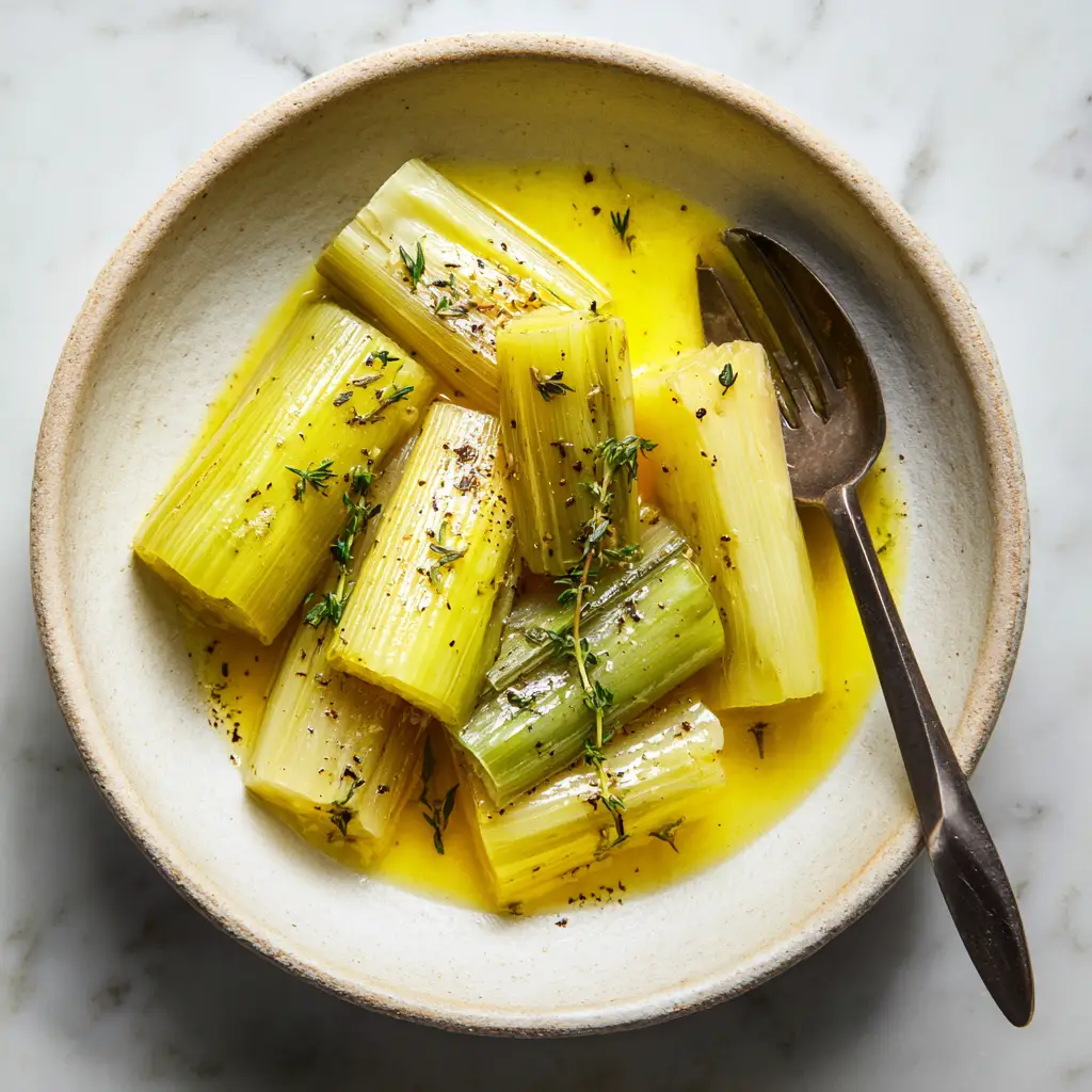 Sautéed Leeks with Melted Butter and Fresh Thyme 1 Sautéed Leeks served in a shallow ceramic bowl on a marble surface, illuminated by natural light.