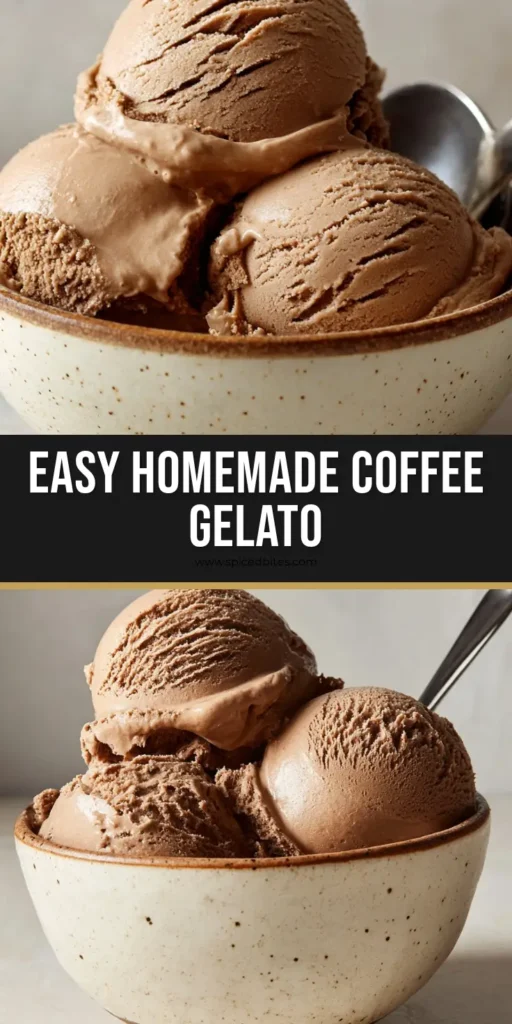 Three scoops of creamy milk-chocolate-brown Coffee Gelato in a rustic speckled ceramic bowl with a metal spoon.