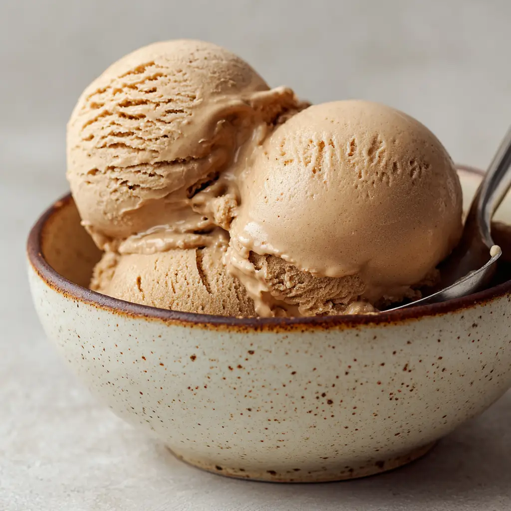 Soft natural daylight hitting the surface of three scoops of milk-chocolate-brown Coffee Gelato.