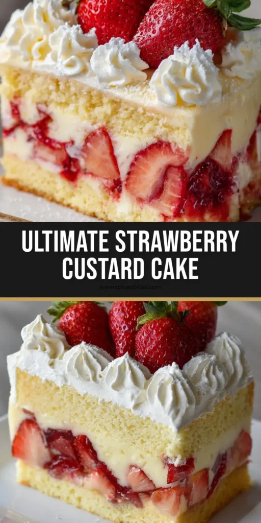 Strawberry Custard Cake: The Ultimate Two-Layer Summer Showstopper 4 A towering slice of two-layer Strawberry Custard Cake with fresh berries and whipped cream rosettes on a white plate.