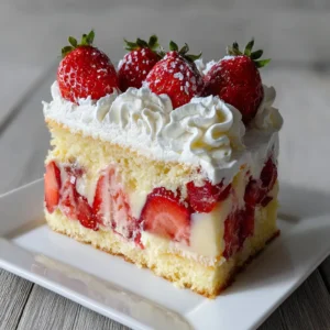 A close-up of a single slice of Strawberry Custard Cake showing the porous yellow sponge and thick vanilla custard layer.