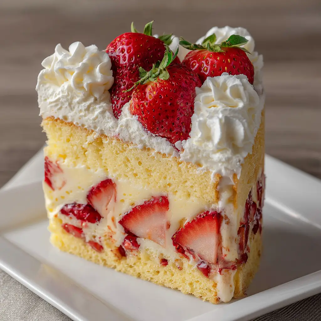 Strawberry Custard Cake: The Ultimate Two-Layer Summer Showstopper 1 Top view of the Strawberry Custard Cake garnished with whole berries and whipped cream rosettes.