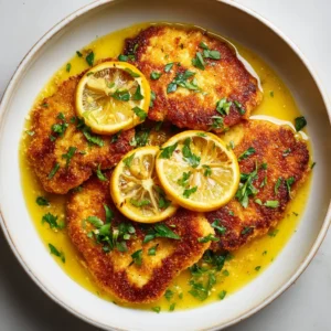 Lemon Butter Chicken Francese: The Ultimate Golden Pan-Fried Recipe 3 A close-up overhead shot of golden-brown pan-fried egg-battered chicken cutlets in glossy sauce. (Lemon Butter Chicken Francese)