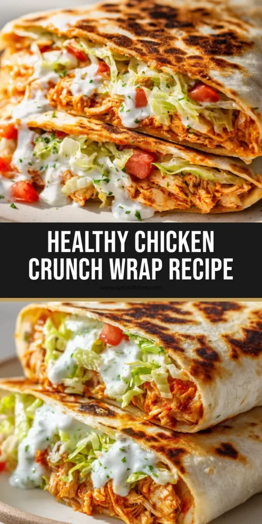 A stacked Healthy Chicken Crunch Wrap cut in half showing layers of orange-red chicken, green lettuce, and white herb sauce.