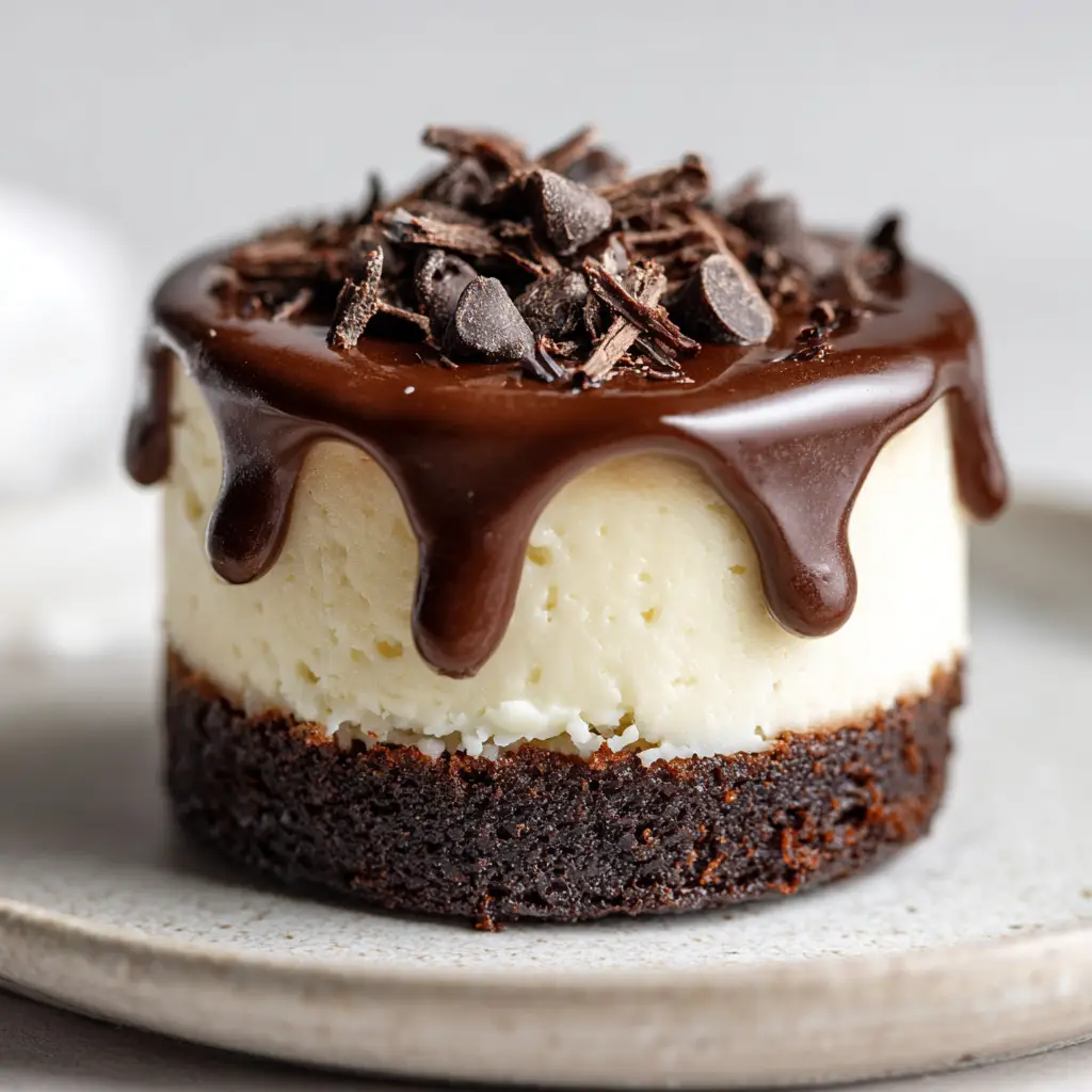 Brownie Bottom Mini Cheesecakes: The Ultimate Fudgy and Creamy Handheld Treat 1 Top-down view of a Brownie Bottom Mini Cheesecake topped with glossy ganache and chocolate chips.