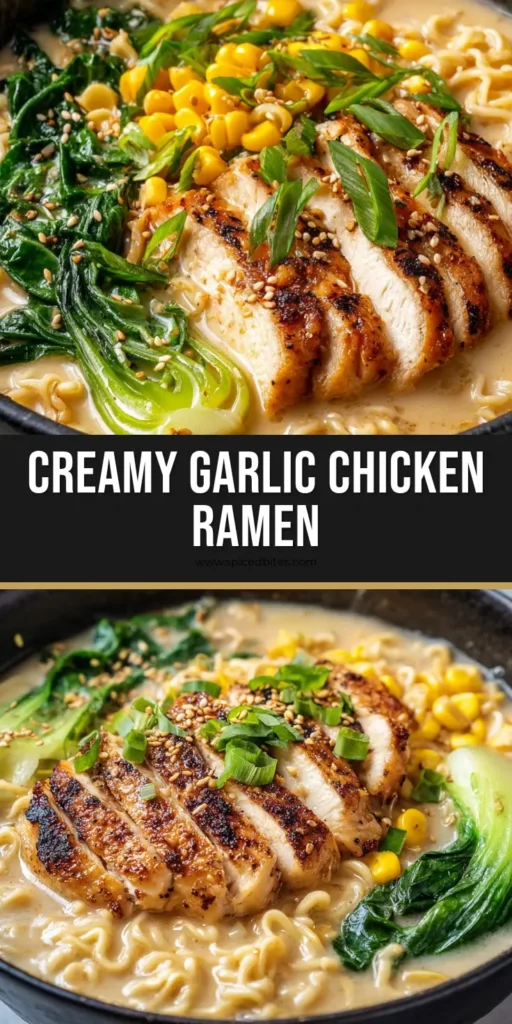 Creamy Garlic Chicken Ramen with Golden Pan-Seared Poultry 4 A top-down view of Creamy Garlic Chicken Ramen in a matte black bowl featuring wavy noodles, sliced pan-seared chicken, and bright green bok choy.